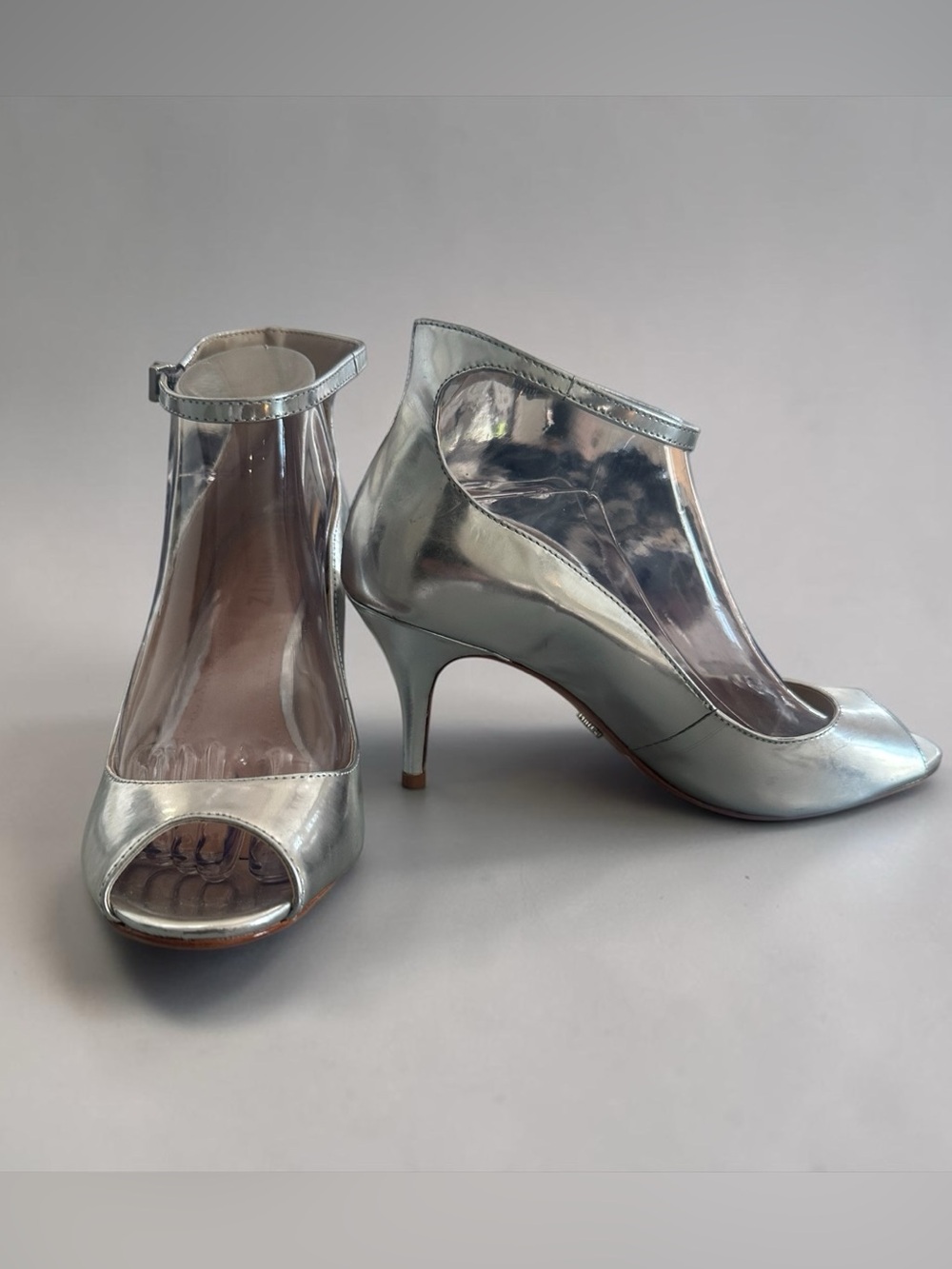 SCHUTZ Liffa Silver Metallic Peep-Toe Ankle-Strap Heels SZ (9) NWT